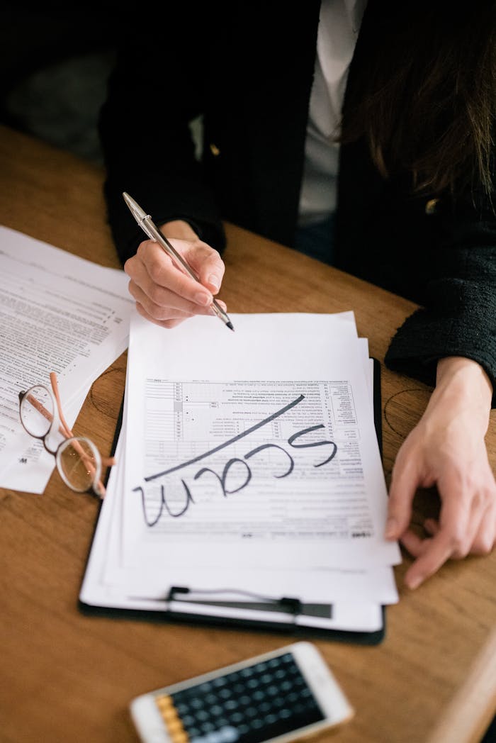 who-we-are A person marking documents as scam with glasses and a calculator nearby.